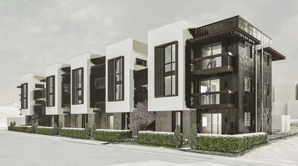 Corner perspective rendering of The Canyon Lofts condominiums